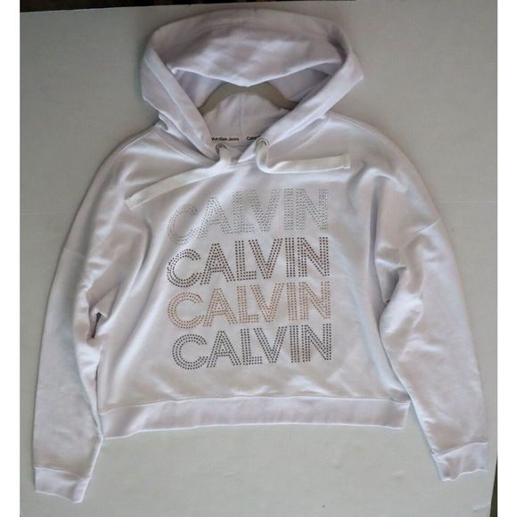 Calvin Klein CJRT1994 Women Sz M White Studded Logo Graphic Hoodie Sweatshirt $7 - Picture 9 of 10
